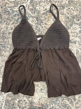 Garage Brown Crochet Halter Peplum Top XS